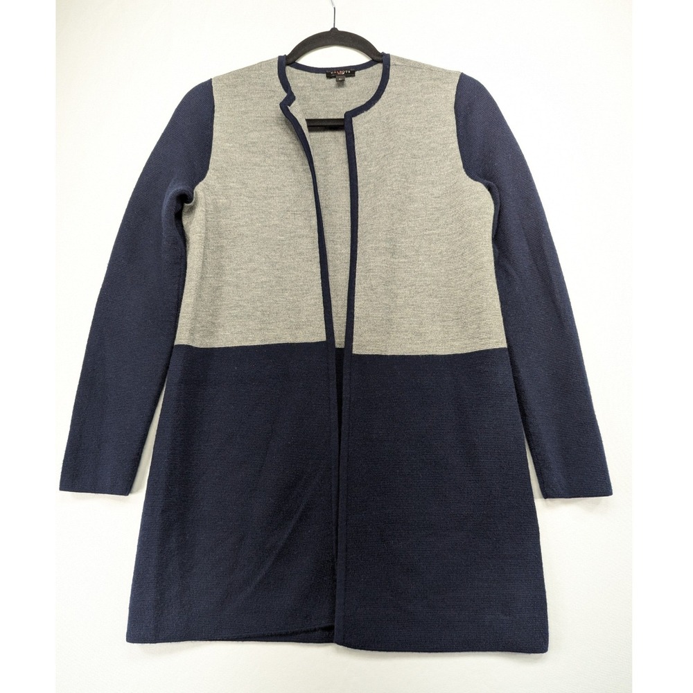 Talbots Petite Merino Wool Colorblock Open Front‎ Cardigan Navy Gray SP